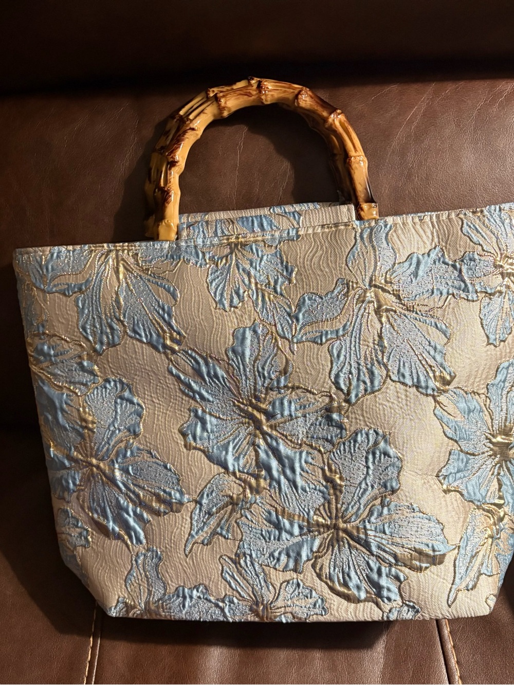 Elegant Blue Floral Golden Brocade Tote with Bamboo like Handles